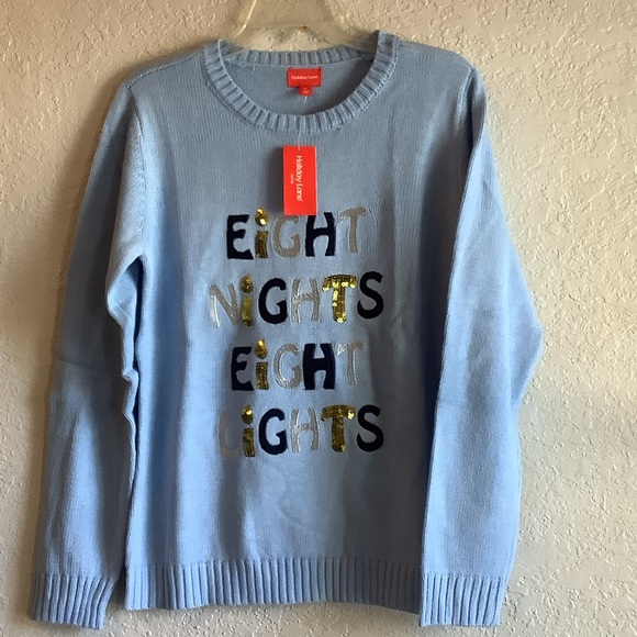 Holiday Lane Sweaters - Light Blue Women's Sweater with Festive Text Design